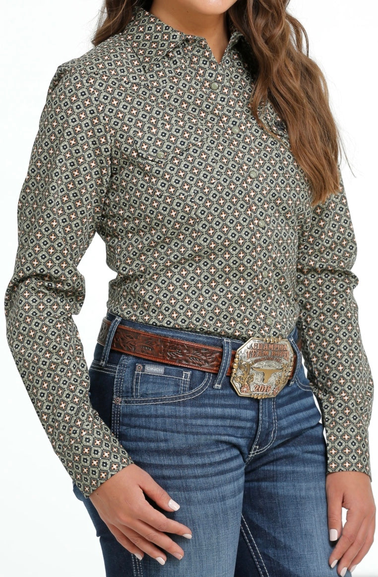 Shirt Women’s Cinch Long Sleeve Olive Print MSW9201044