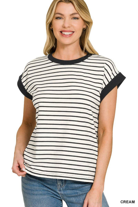 3534 Contrast Trim Cap Sleeve Stripe Tee CT-3543Y