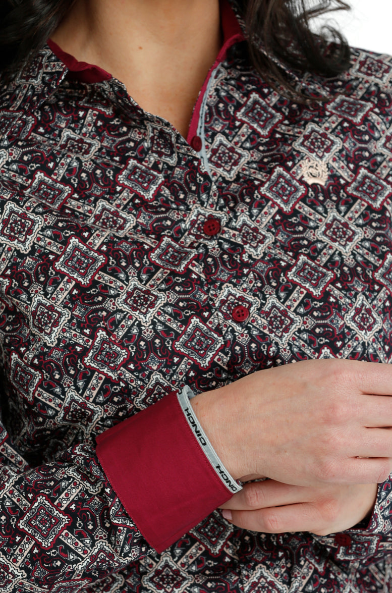 Shirts Women’s Cinch Burgundy and Black Geo Print Long Sleeve Button Up MSW9165042