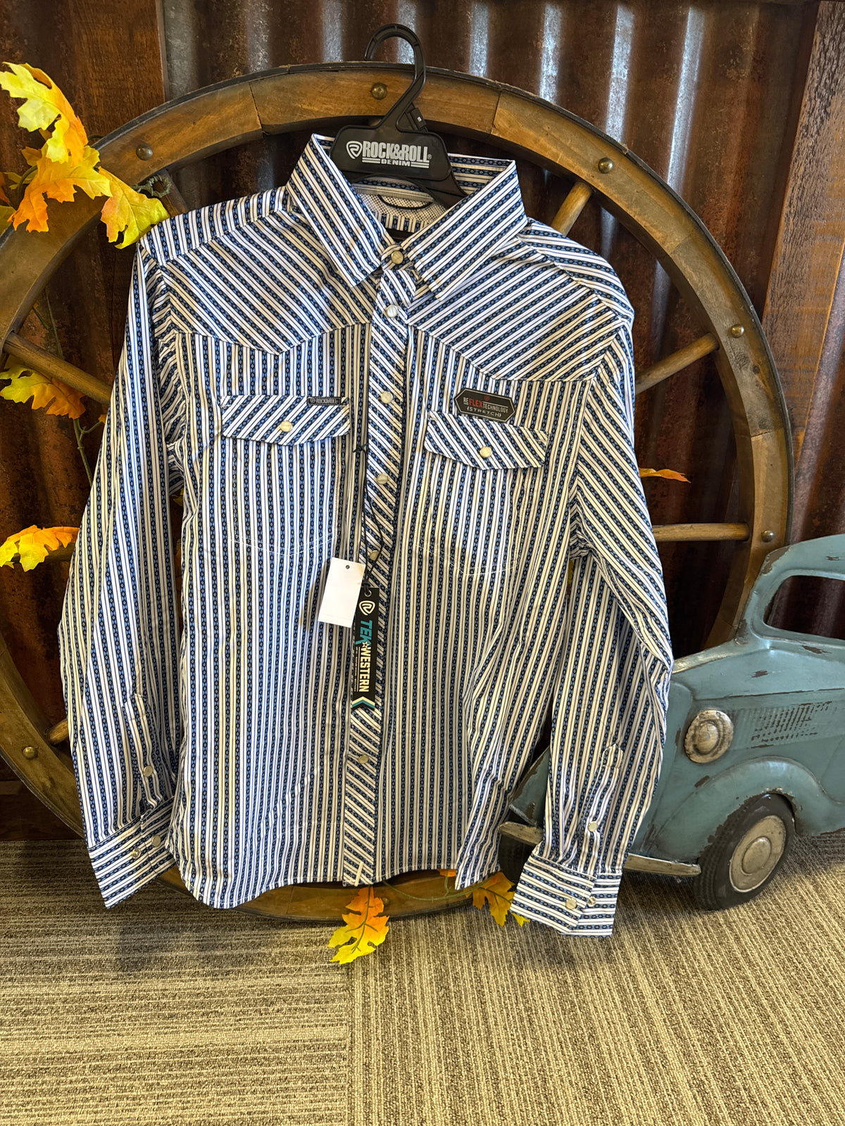 Shirts Men’s Rock&Roll Tek Western Blue Long Sleeve Pearl Snap BMN2S09469