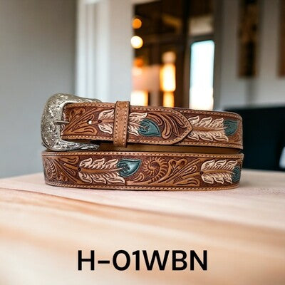 Belts Mens RBC Carved Feather And Leaf Painted H-01WBN