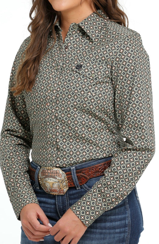 Shirt Women’s Cinch Long Sleeve Olive Print MSW9201044