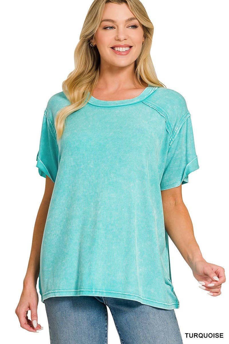 8393A Washed Ribbed Short Sleeve Boat-neck Top