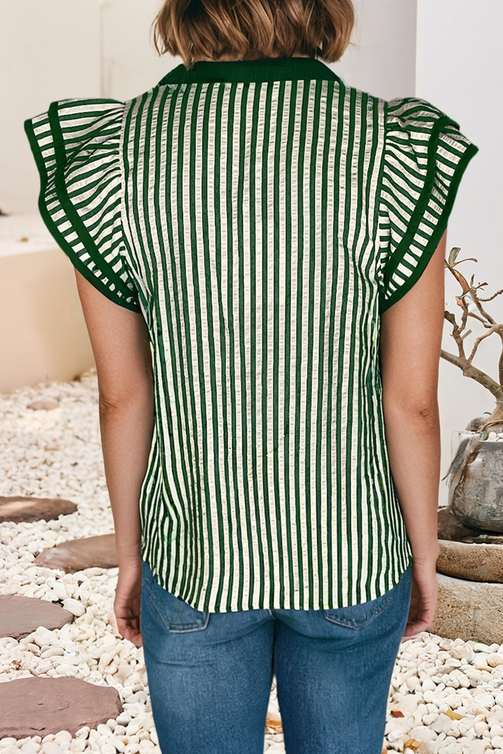 LDC Double Ruffled Short Sleeve Contrast Trim V Neck Blouse P1619