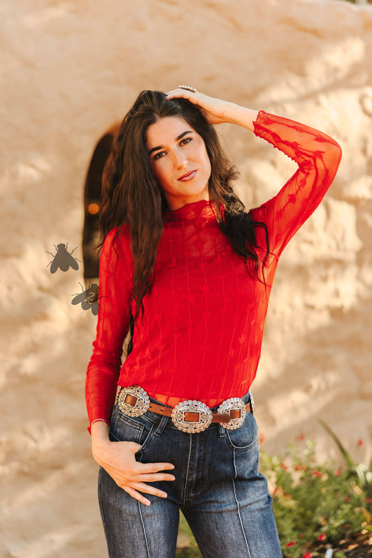 LARIAT Women’s LACE L/S *RED Mesh Top