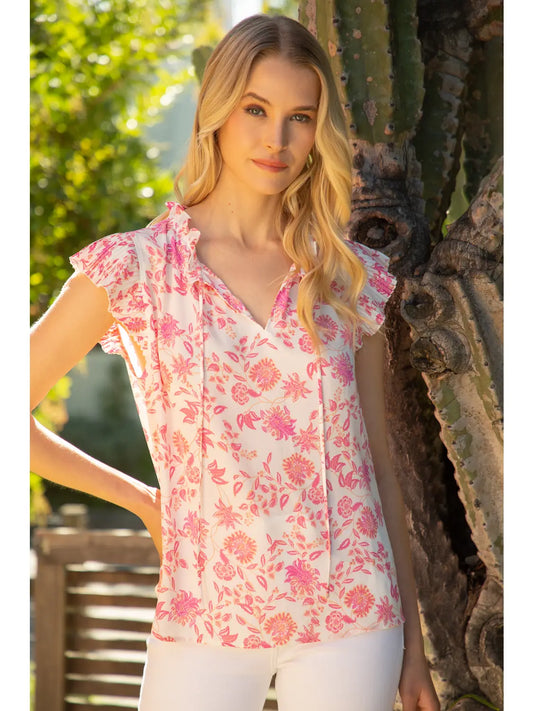 Shirts Women’s Short Ruffle Sleeve V Neck Flower Print 32025-32
