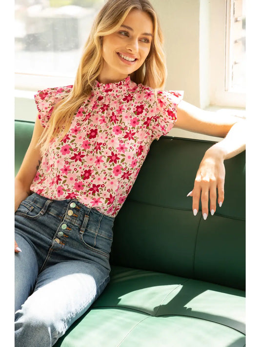 Shirts Women’s Short Ruffle Sleeve Tie back Flower Print 31652-24