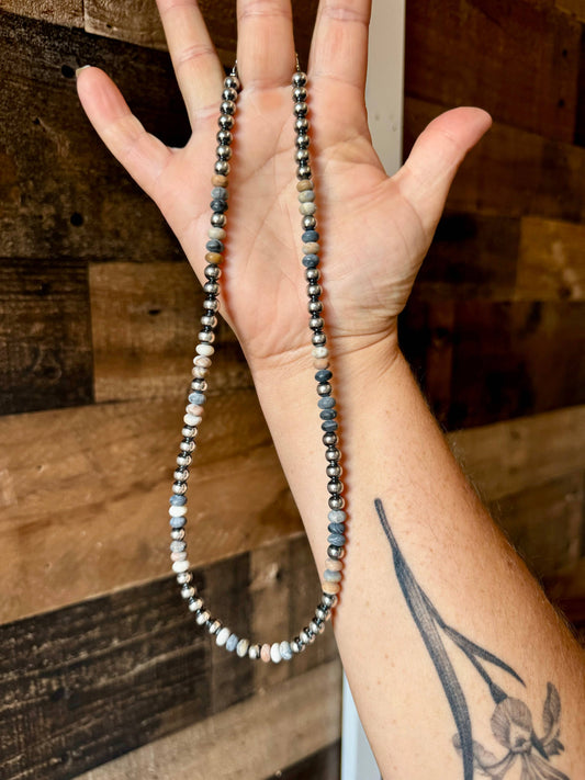 18 Inch 6 mm Sterling Silver Pearls necklace with Black Picasso jasper beads 013-JAS