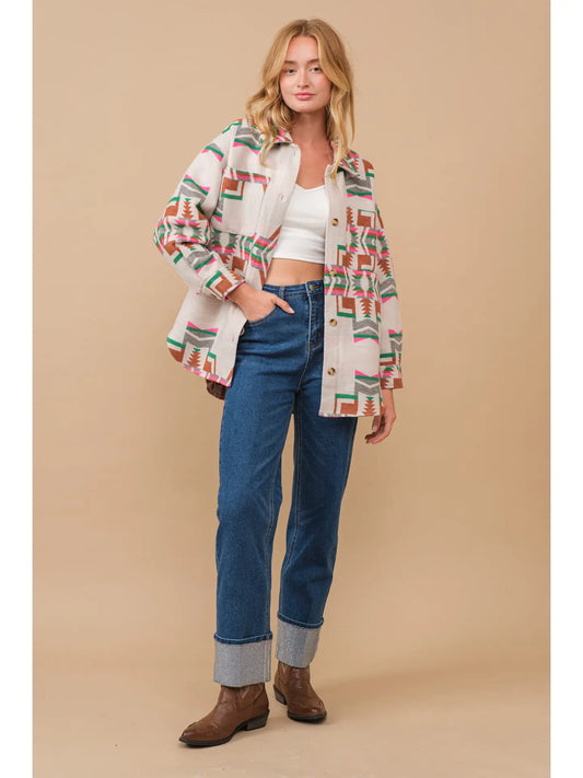 Outerwear Women’s Taupe Teal Aztec Shacket 34201J