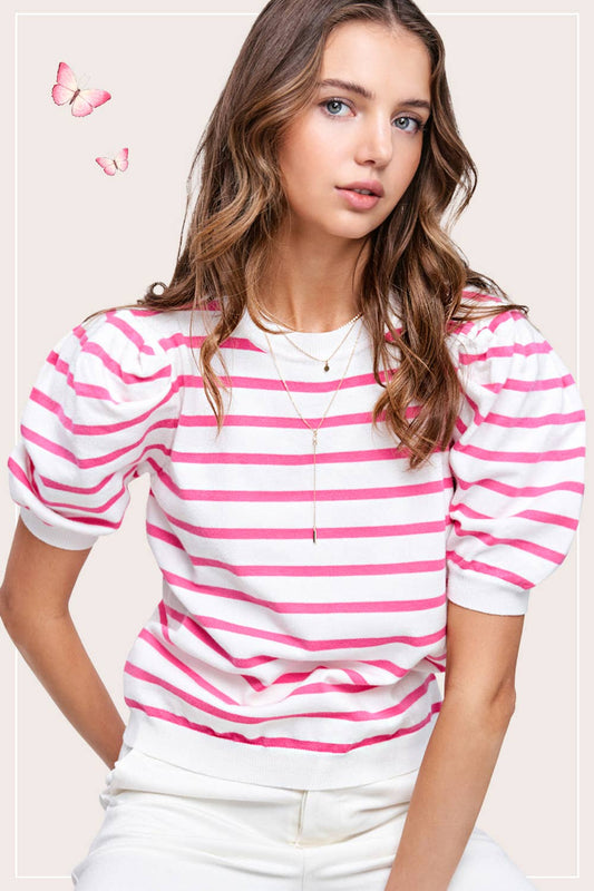 Shirts Women’s Lightweight Puff Short Sleeve Stripe Knit Top JCS3562