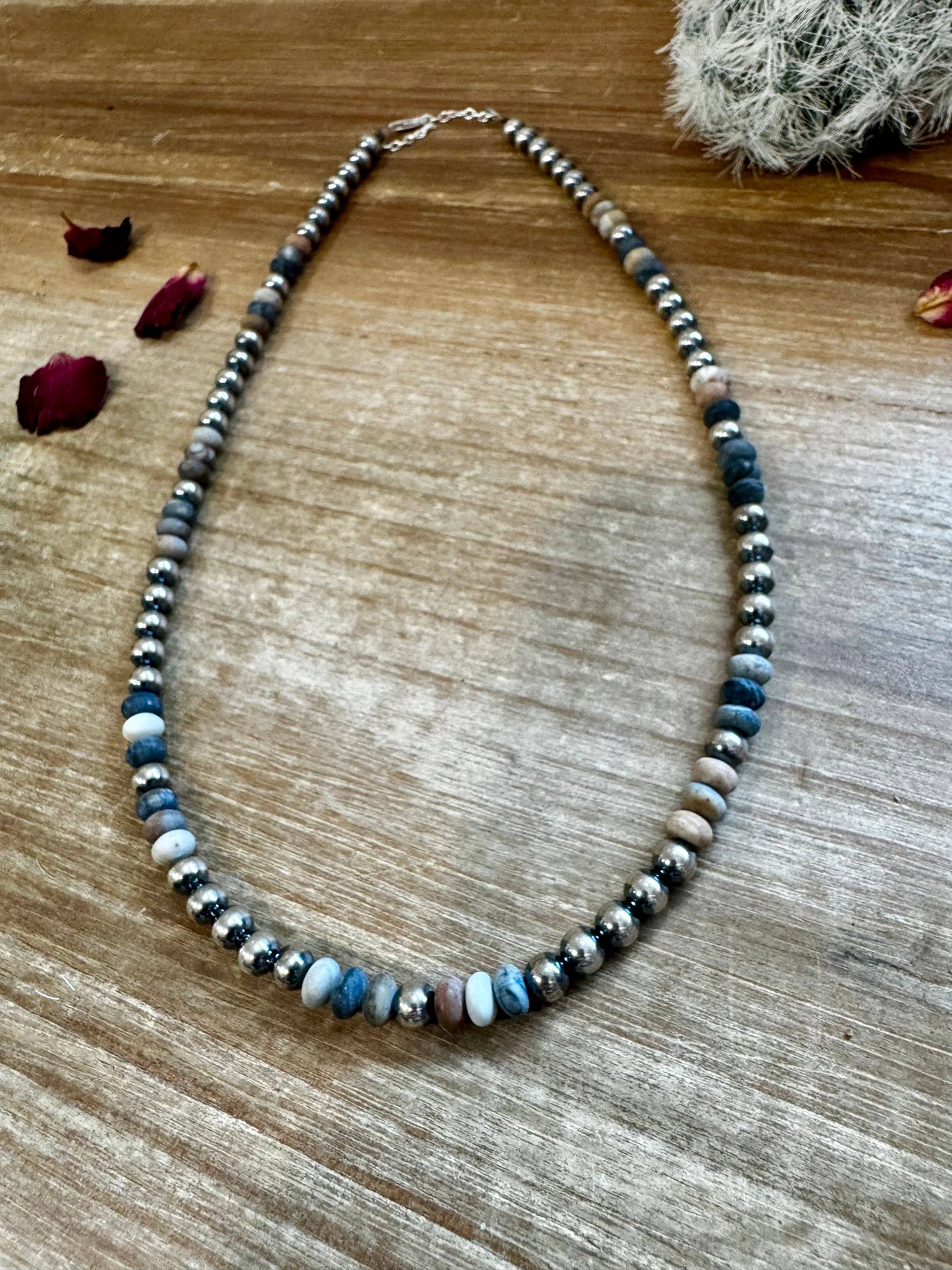 18 Inch 6 mm Sterling Silver Pearls necklace with Black Picasso jasper beads 013-JAS