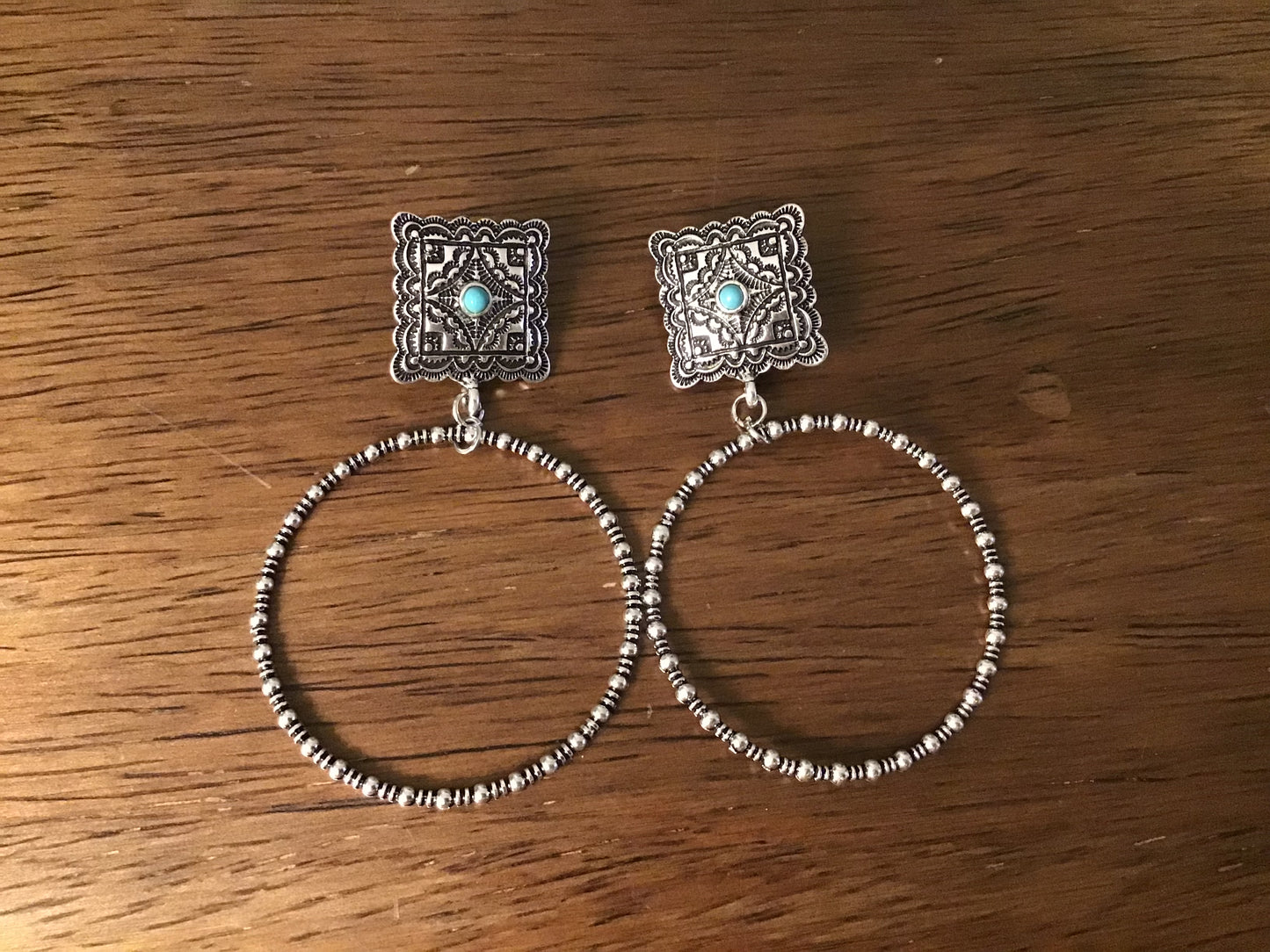 Jewelry 3” Burnished Silver Dotted Hoop Earrings On Square Post E833