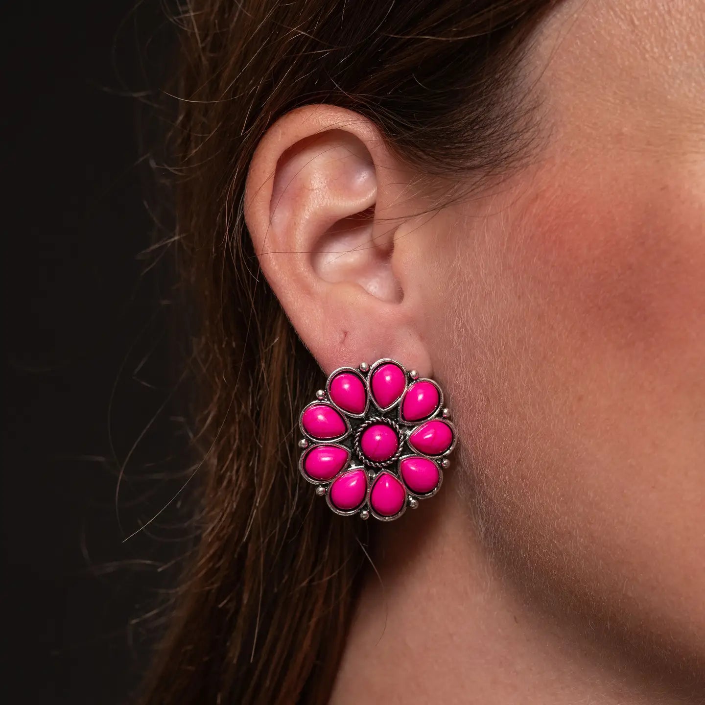 Earrings Silver And Pink Flower Stud E547PNK