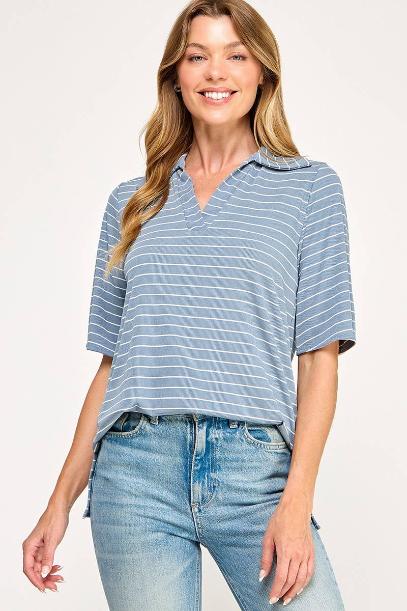 T4019 Stripe Collared Top