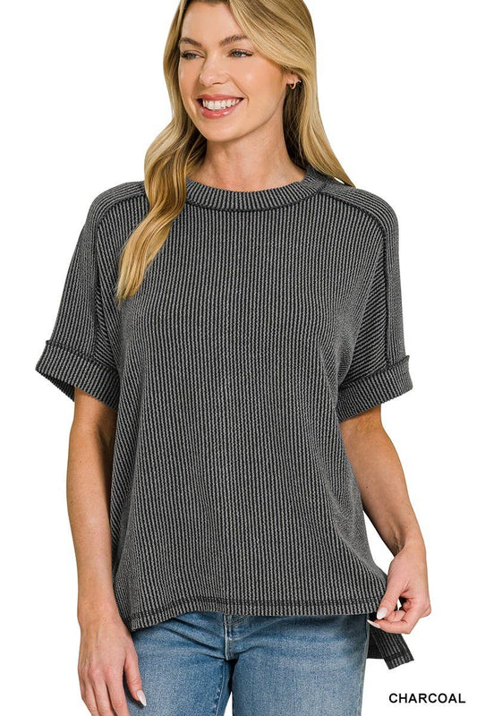 8451 Textured Line Short Cuff Sleeve Raw Edge Top
