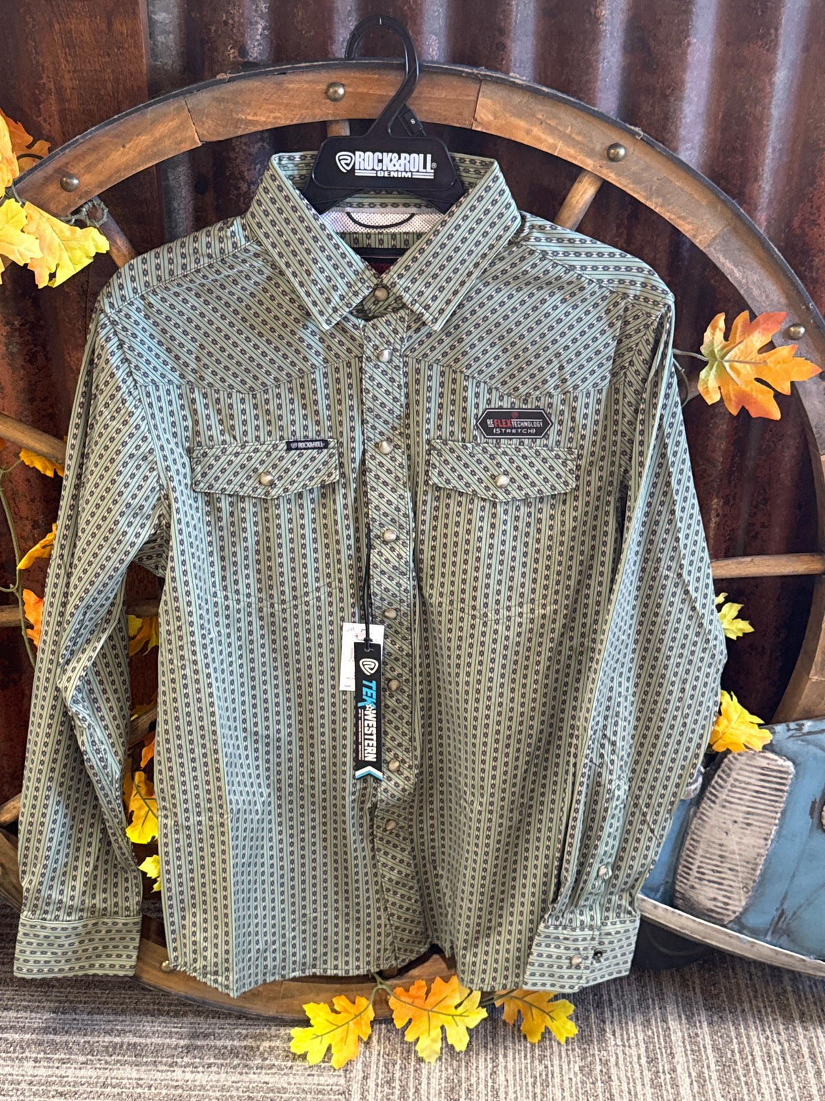 Shirts Men’s Rock&Roll Tek Western Green Long Sleeve Pearl Snap BMN2S09467