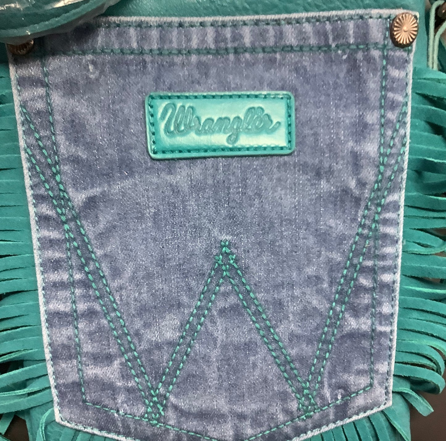 Purses Wrangler Leather Fringe Jean Denim Pocket Brown WG44-8360TQ