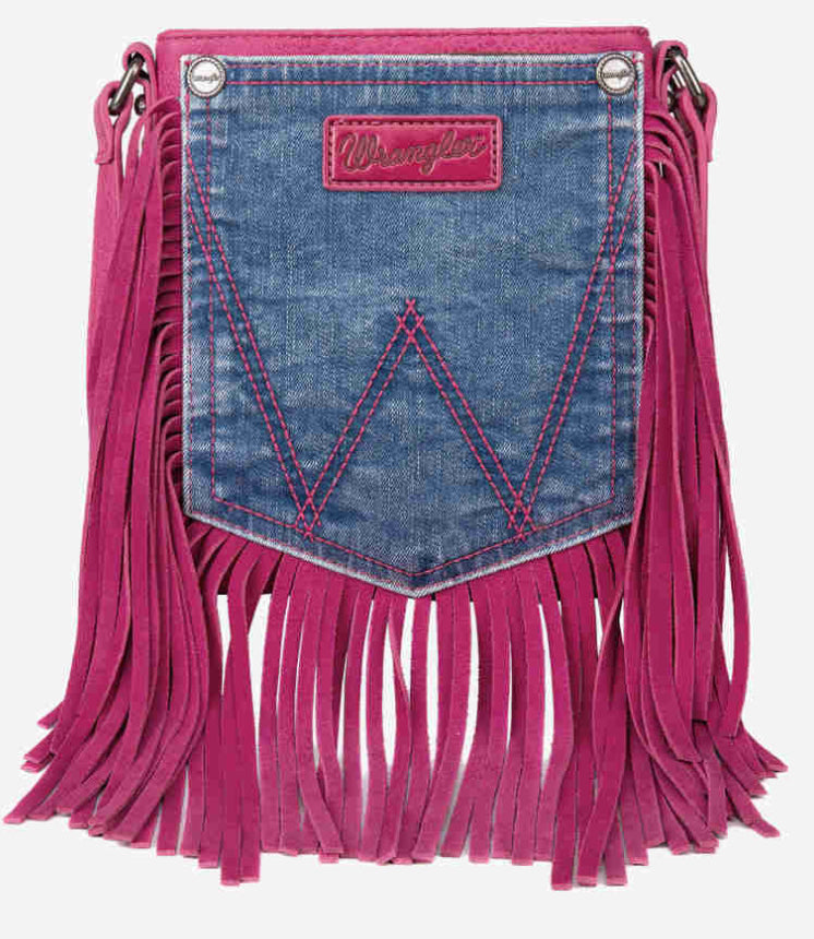 Purses Wrangler Leather Fringe Jean Denim Pocket Brown WG44-8360HPK