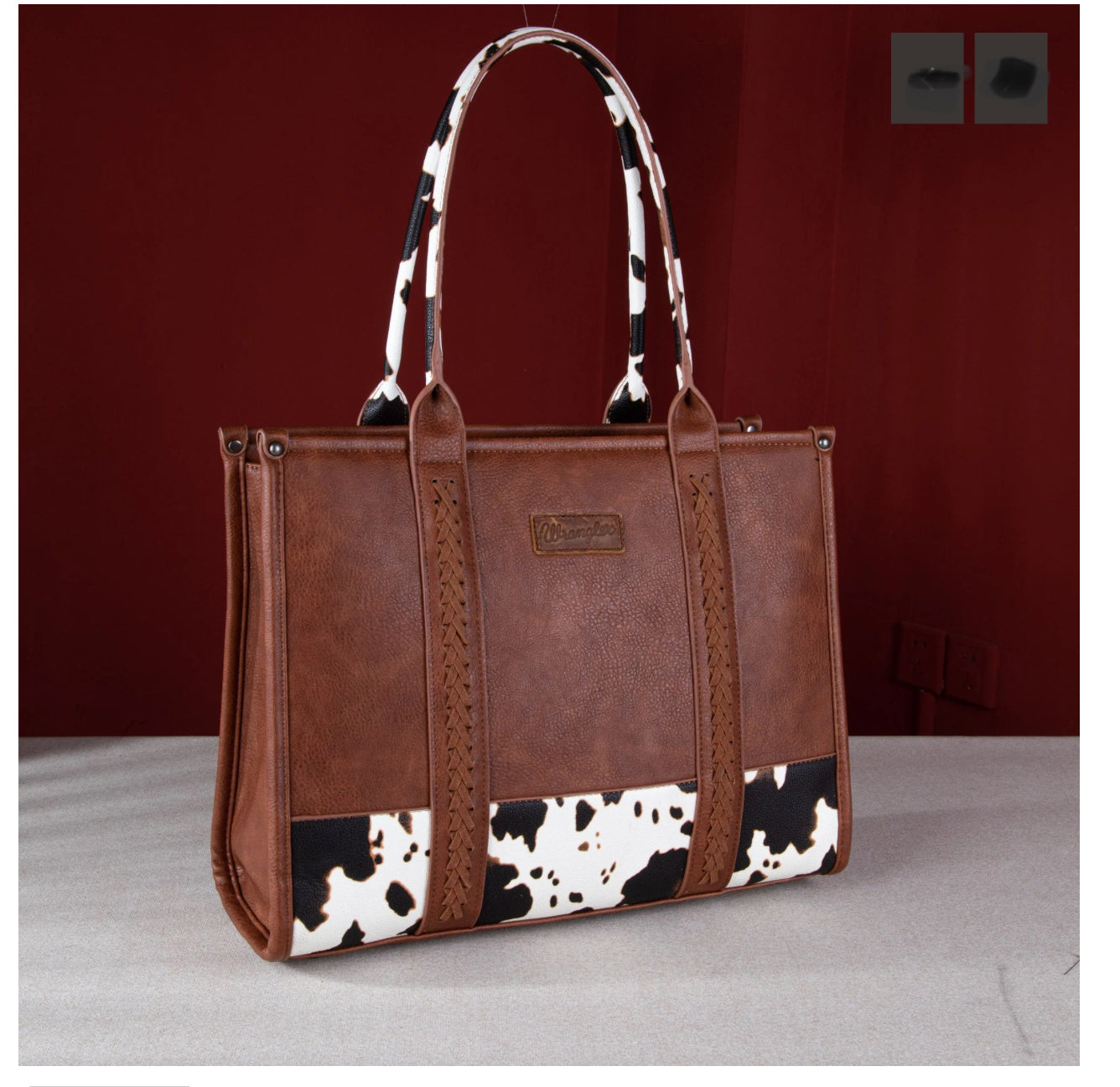 Purses Wrangler Cow Print Wide Tote WG102G-8119BR or WG102G-8119BK