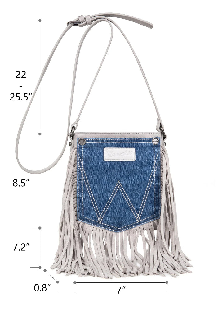 Purses Wrangler Leather Fringe Jean Denim Pocket Crossbody White WG44-8360BG
