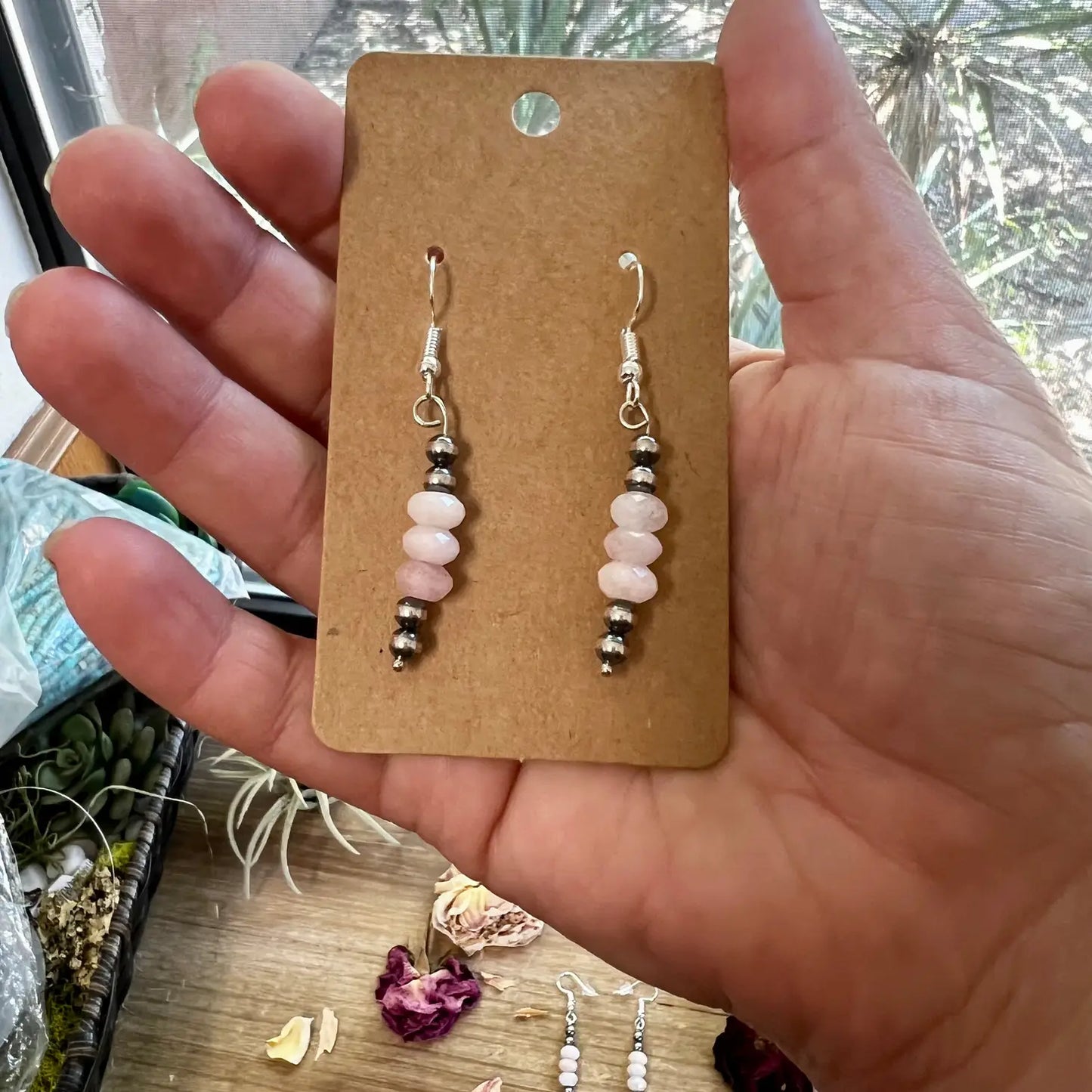 Jewelry Pink Morganite and Navajos Pearl Dangle Earrings EAR-PIN-155-NAV