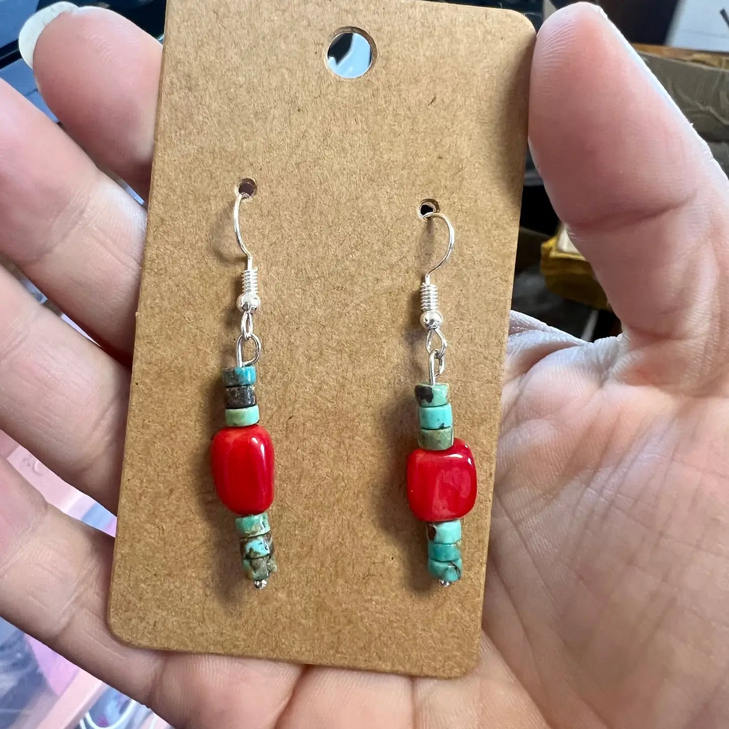 Jewelry Green Turquoise Dangle Earrings With Red Corral Accessories EAR-DAN-157-RED