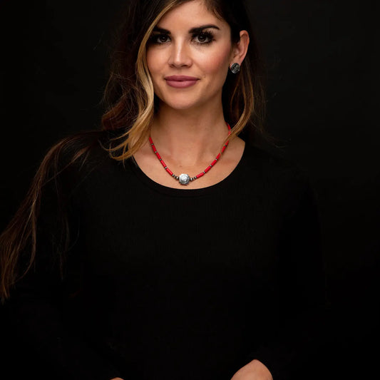 Jewelry 16" Red or Turquoise Tube Bead Necklace with Southwestern Bead Accent N1405RD, N1404x