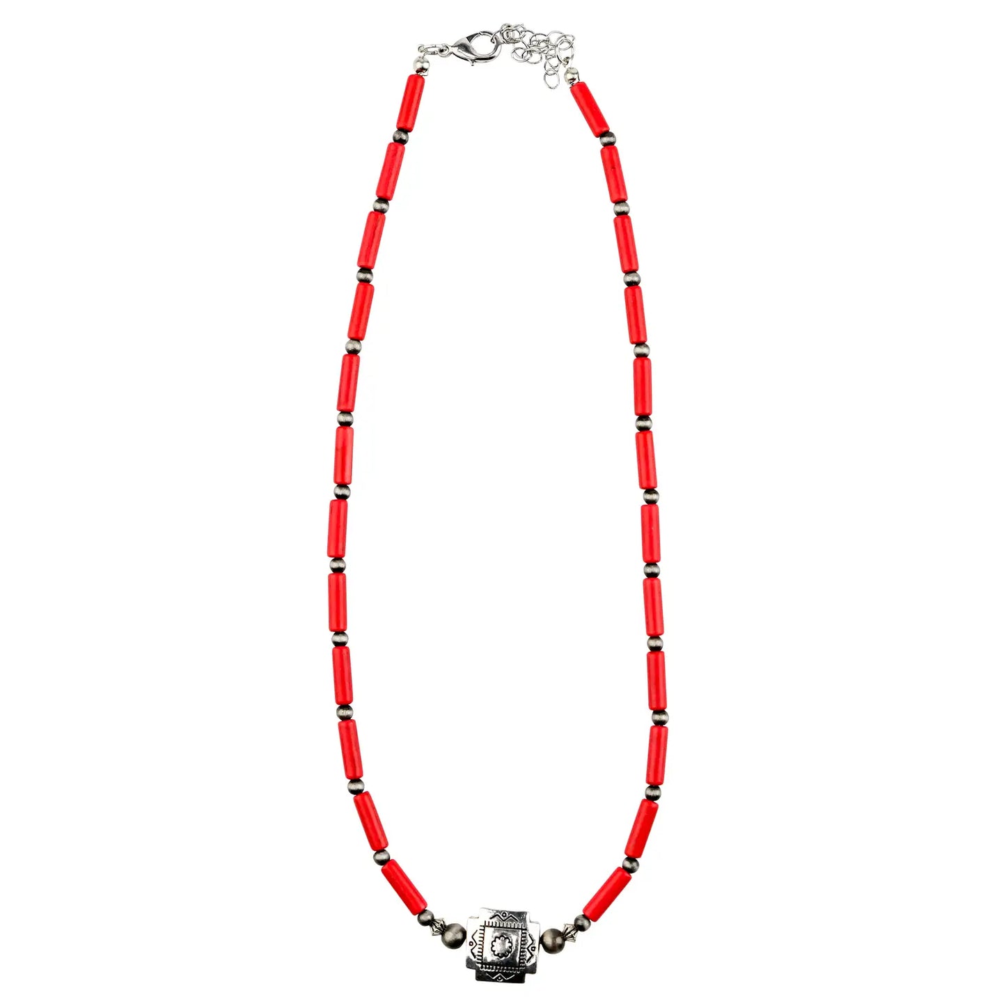 Jewelry 16" Red Tube Bead Necklace with Southwestern Bead Accent N1405RD