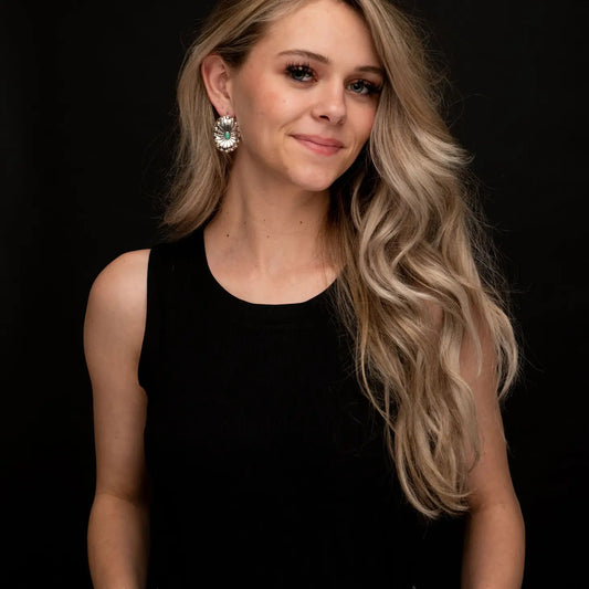 Jewelry Burnished Silver Studded Concho Earring w/ Turquoise Accent E651TQ