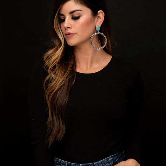 Jewelry Large Burnished Silver Stamped Hoop Earring On Turquoise E823