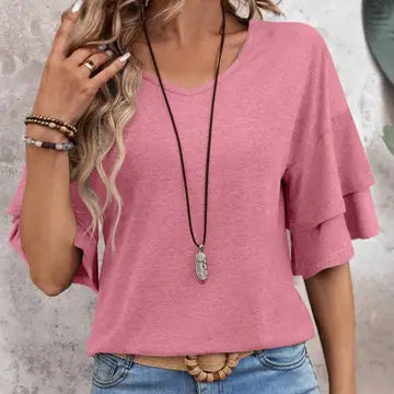 Shirts Women’s Summer V Neck Ruffle Sleeve RCXL01878