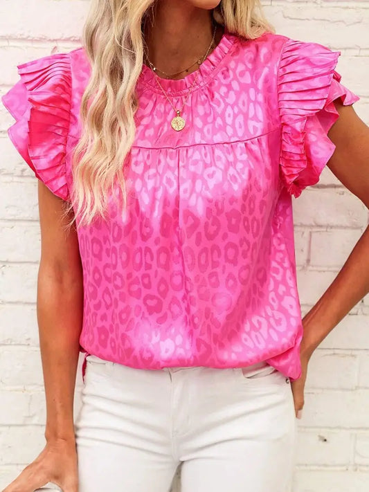 Shirts Women’s Leopard Print Ruffle Sleeve CWTBLSL0444