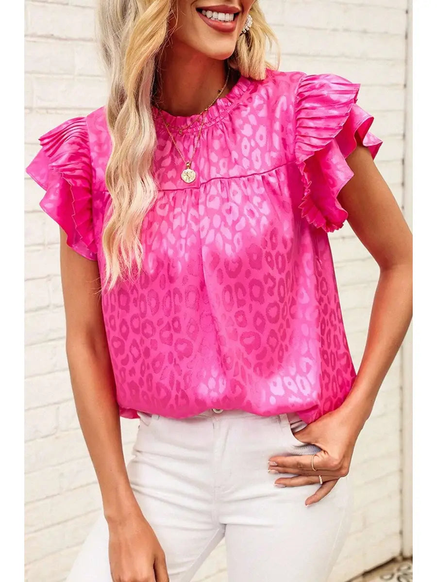 Shirts Women’s Leopard Print Ruffle Sleeve CWTBLSL0444