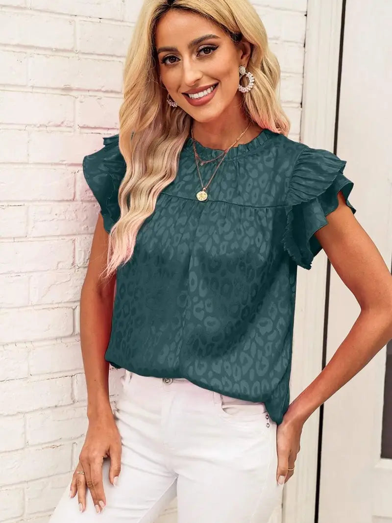 Shirts Women’s Leopard Print Ruffle Sleeve CWTBLSL0444