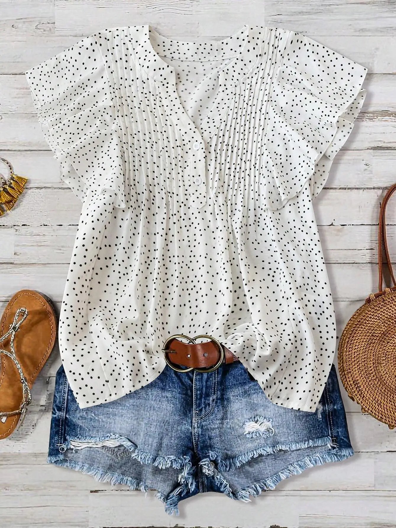 Shirts Women’s Ruffled V Neck Polka Dot RCJW05073