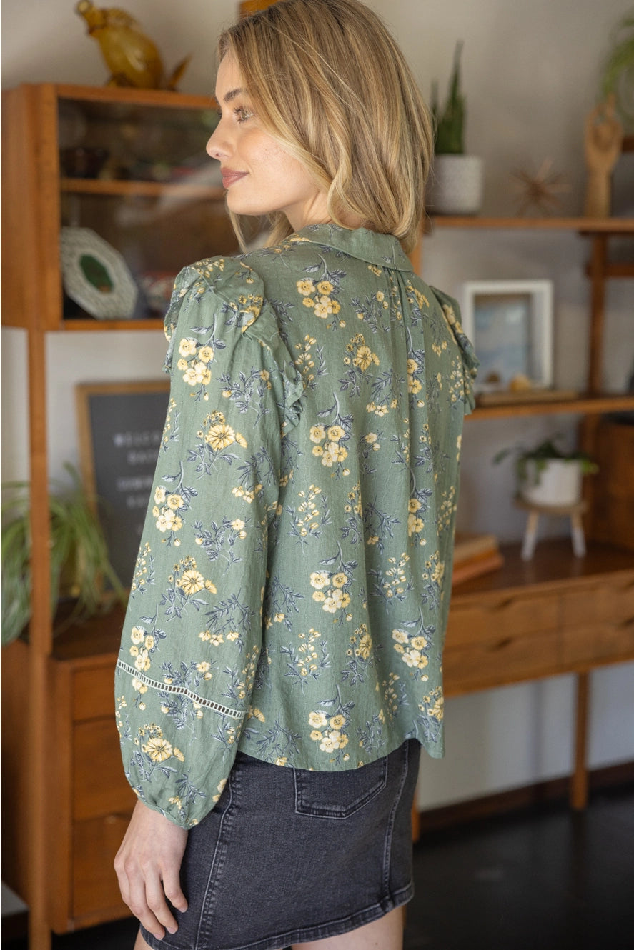 Shirts Women’s Long Sleeve Tasseled Attached Collar Sage Print 33222