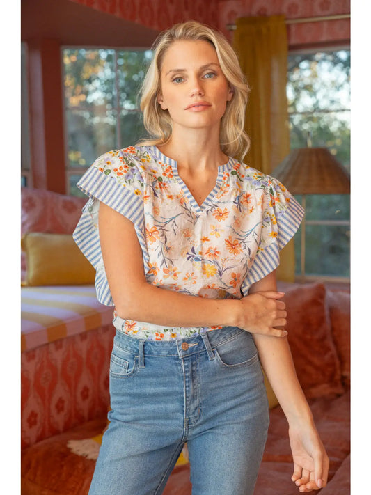 Shirts Women’s Ruffle V Floral Stripe Top 35289