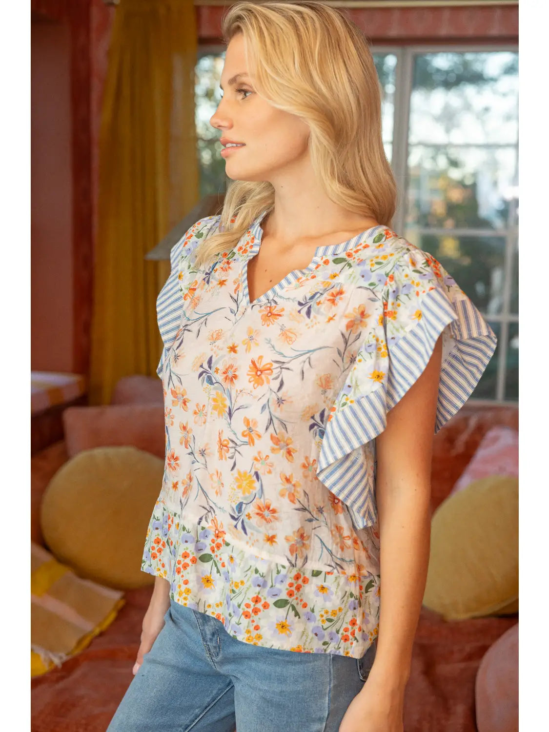 Shirts Women’s Ruffle V Floral Stripe Top 35289
