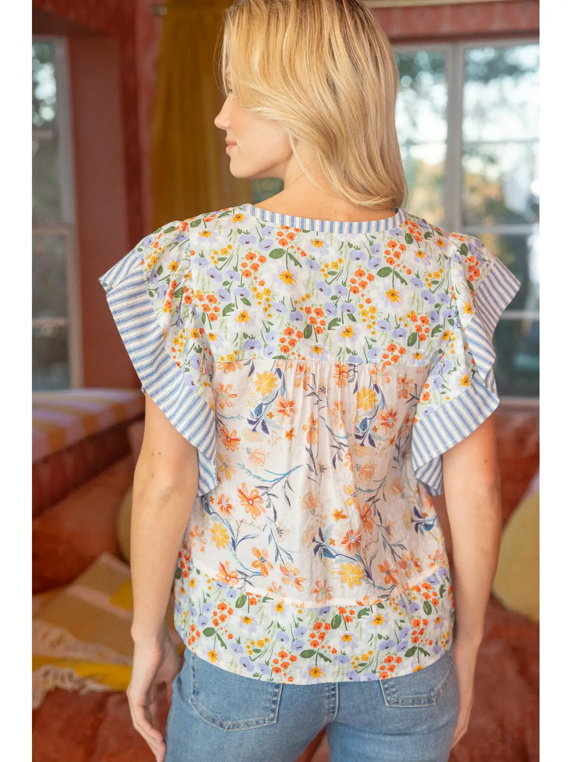 Shirts Women’s Ruffle V Floral Stripe Top 35289