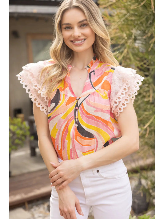 Shirts Women’s Floral Mesh Ruffle Sleeve 35409