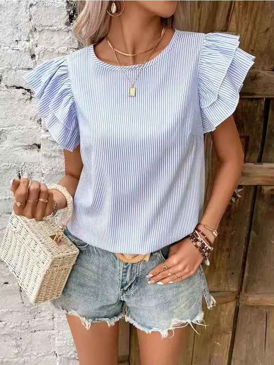 Shirts Women’s Striped Short Sleeve Ruffle Blouse W20510233