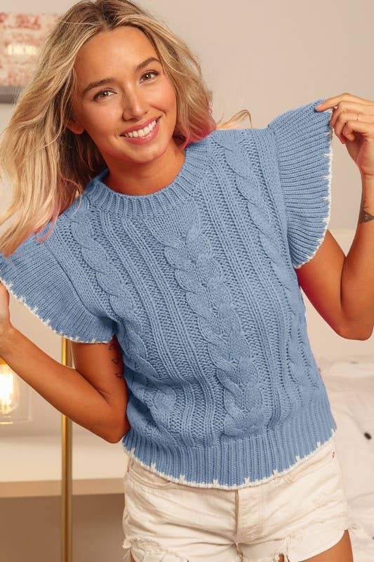 1586 Cable Knit Ruffle Sleeve Sweater