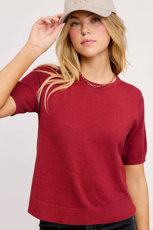 Soft Short Puffy Sleeve Basic Stretchy Knit Top MCS3600
