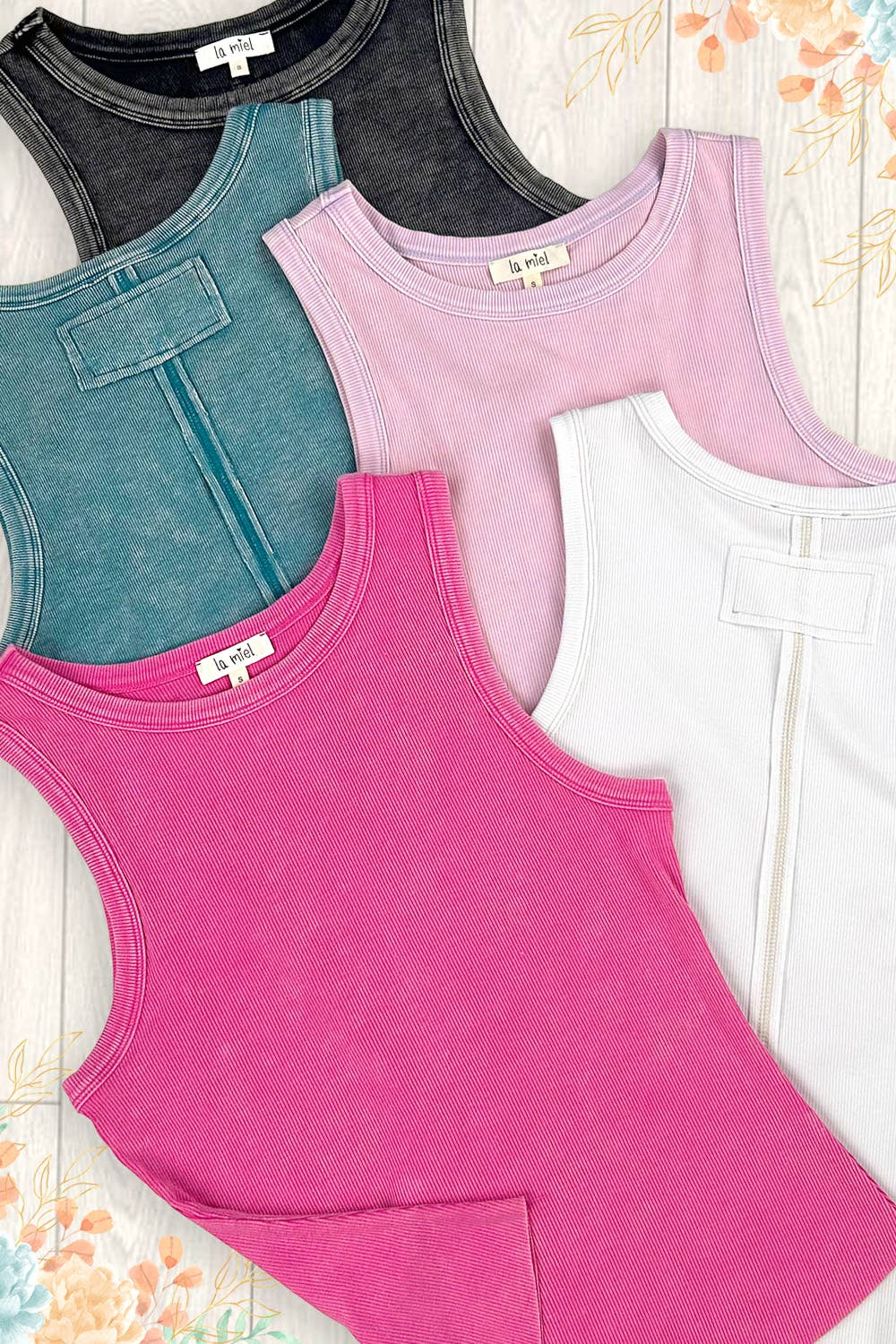 Shirts Women’s HCT7694Mineral Washed Back Patch Detail Breathable Tank Top