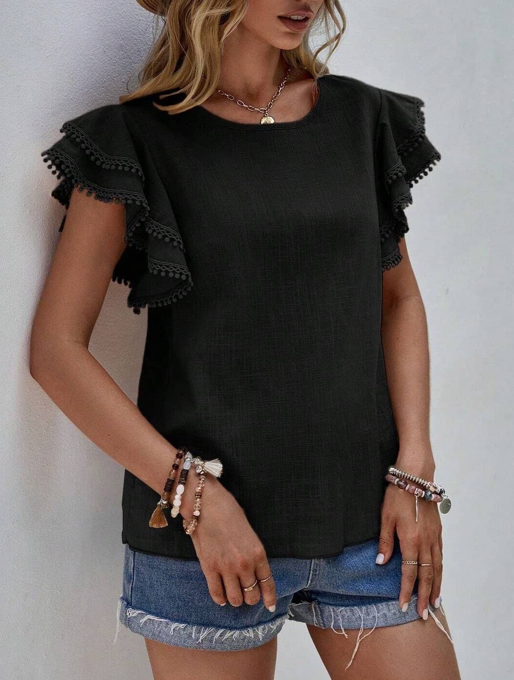 Shirts Women’s Crewneck Loose Lace Ruffle Sleeve RCXL00715