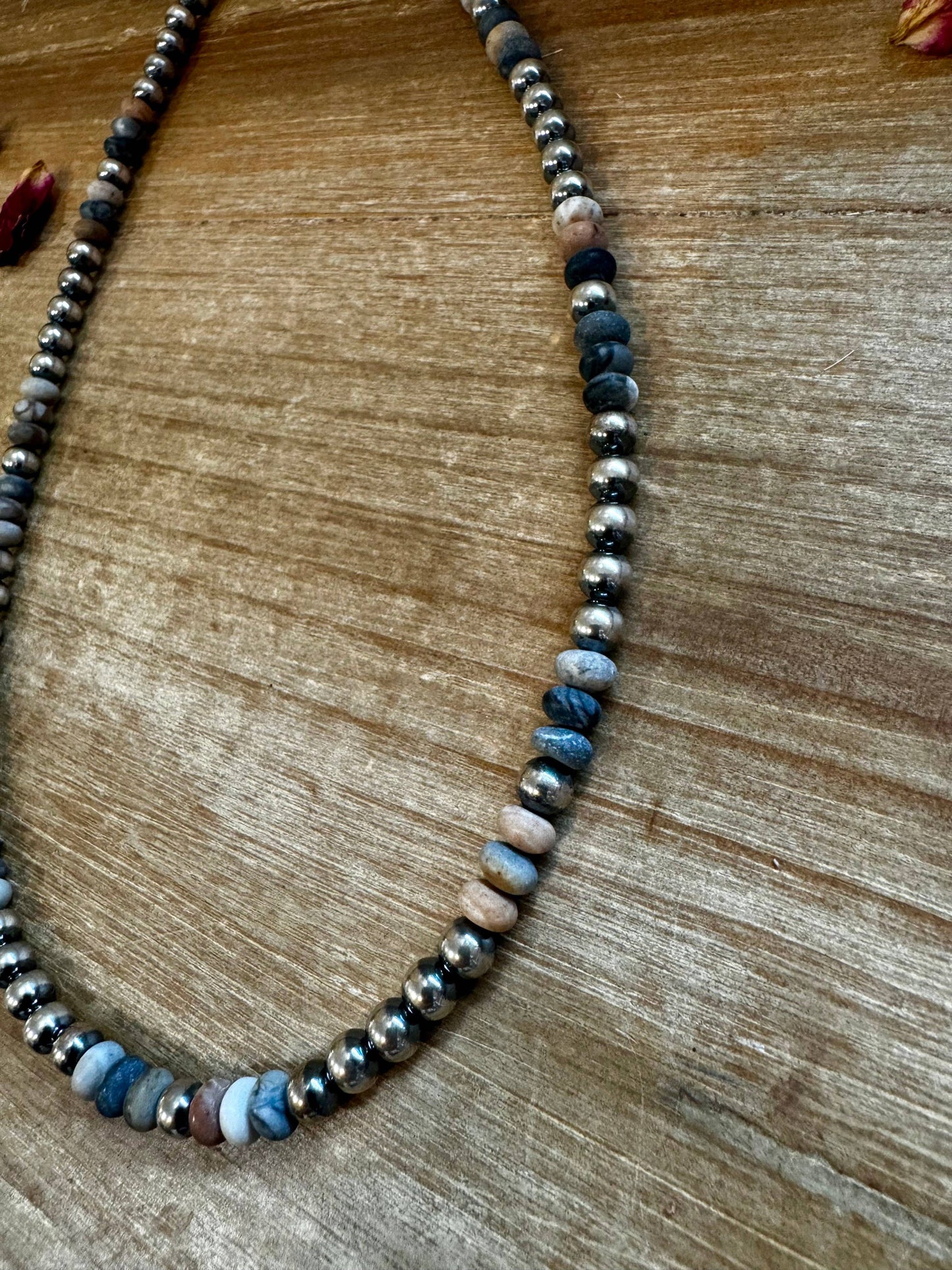18 Inch 6 mm Sterling Silver Pearls necklace with Black Picasso jasper beads 013-JAS