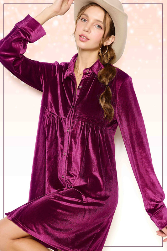 HCD9315-Soft Velvety Button Down Collar Dress