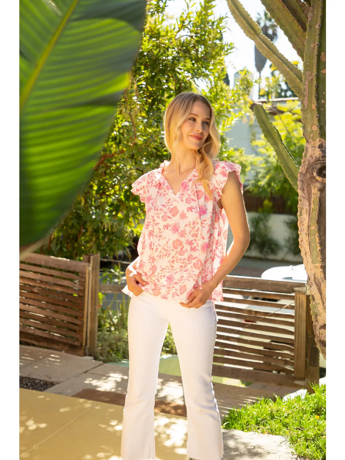 Shirts Women’s Pleated Sleeve V Neck Print Top 32025-32