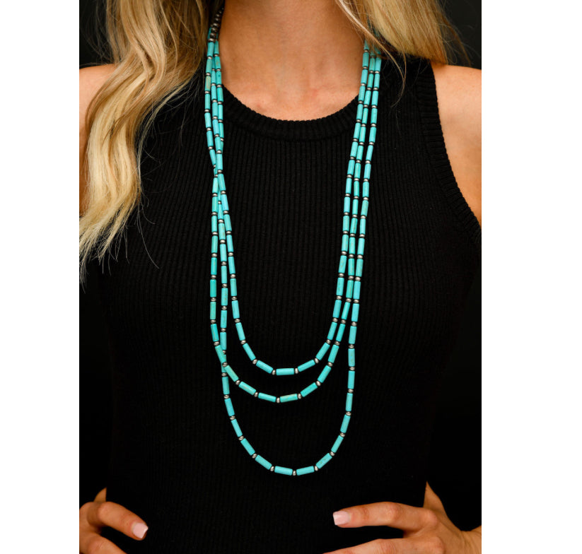 Three Strand Necklace with Turquoise beads and Faux Navajo Pearls N1407