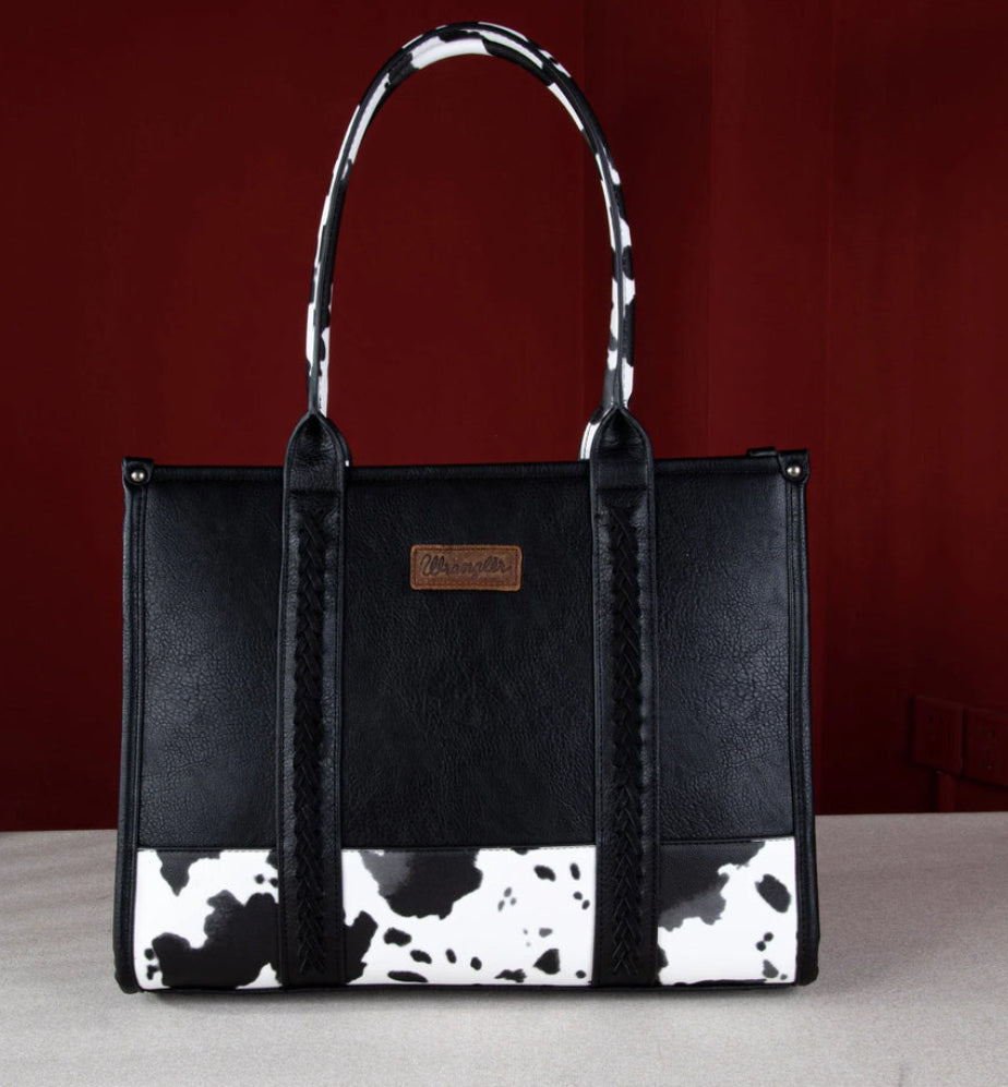 Purses Wrangler Cow Print Wide Tote WG102G-8119BR or WG102G-8119BK